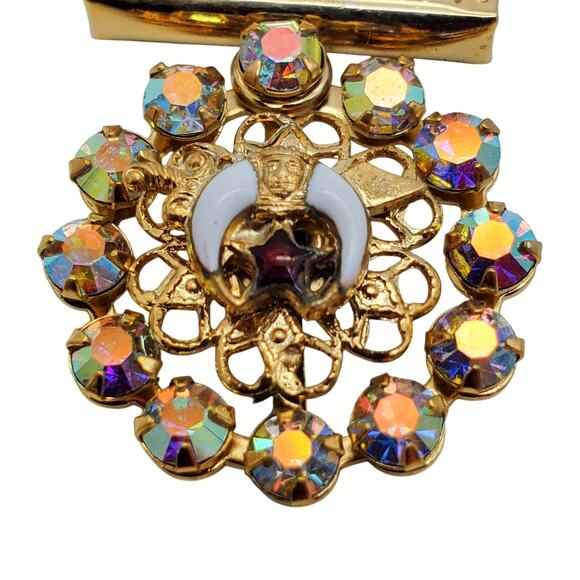 Masonic Mesh Shriners Badge Bar Pin Gold Tone Mesh Lapel Brooch AB Rhinestone - Picture 5 of 10